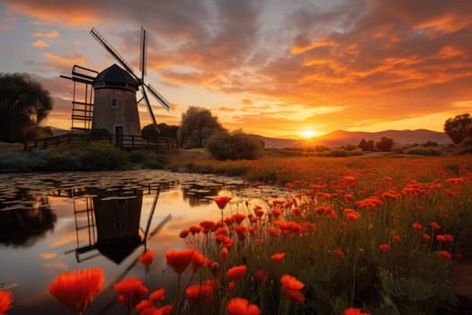 Peaceful countryside landscape with poppy fields, golden hour, sunrise. AI Generated