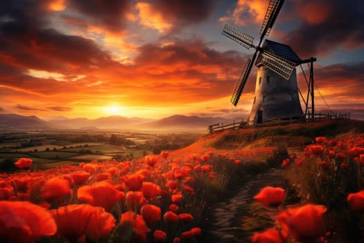 Peaceful countryside landscape with poppy fields, golden hour, sunrise. AI Generated