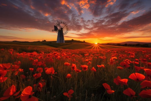 Peaceful countryside landscape with poppy fields, golden hour, sunrise. AI Generated