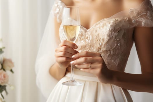 Unrecognizable bride with diamond ring, holding champagne glass, white background. AI Generated