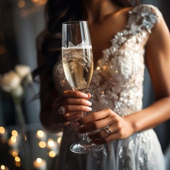 Unrecognizable bride with diamond ring, holding champagne glass, white background. AI Generated