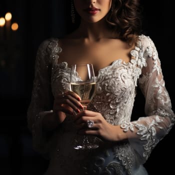 Unrecognizable bride with diamond ring, holding champagne glass, white background. AI Generated