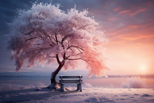Peaceful winter landscape with tree and frozen lake, golden hour, sunrise. AI Generated
