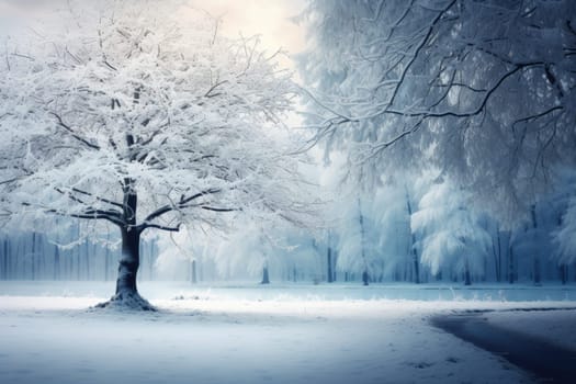 Peaceful winter landscape with tree and foggy lake, golden hour, sunrise. AI Generated