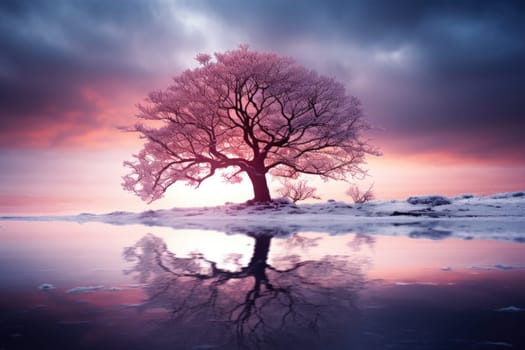 Peaceful winter landscape with tree and frozen lake, golden hour, sunrise. AI Generated