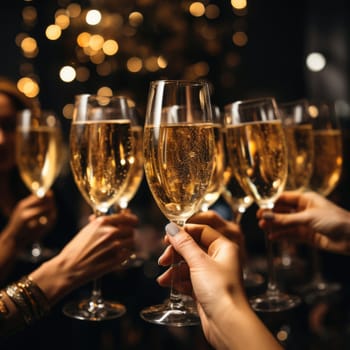 Closeup of hands toasting with champagne glasses at party against glittering background with confetti, AI Generated