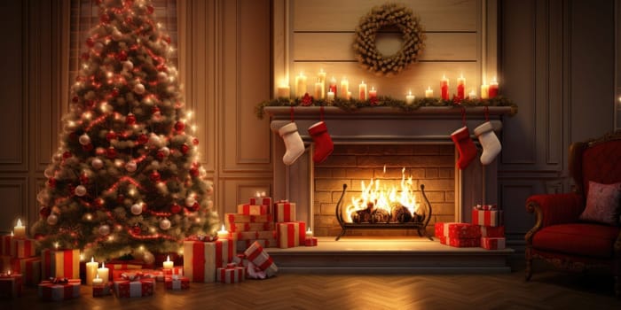 Interior of decorated living room with Christmas tree and comfortable sofa for family comeliness