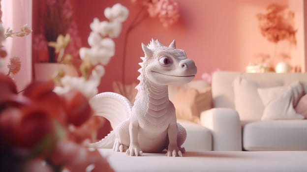 white toy dragon with charming eyes and cute animated look sits on sofa in peach colored room, the color of the year and the year of the dragon according to the eastern calendar,High quality photo