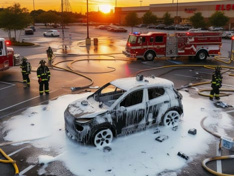 burned melted ev electric car, battery failure in parking lot, firefighter use foam to extinguish generative ai art