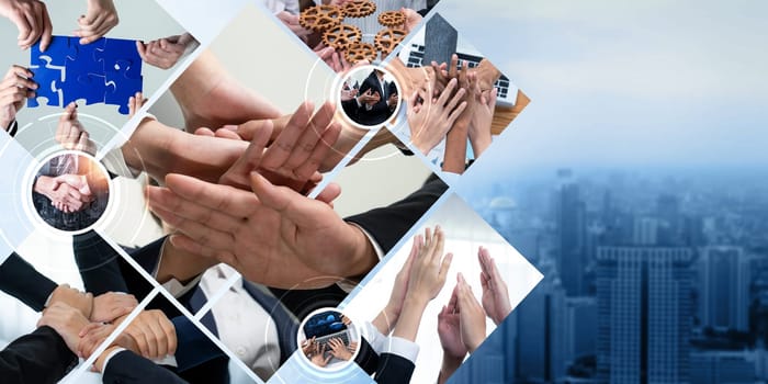 Teamwork and human resources HR management technology concept in corporate business with people group networking to support partnership, trust, teamwork and unity of coworkers in office kudos