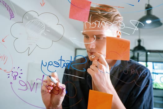 Professional caucasian businessman brainstorming marketing idea by using mind map and sticky notes on glass board at modern meeting room. Creative business and planing concept. Immaculate.