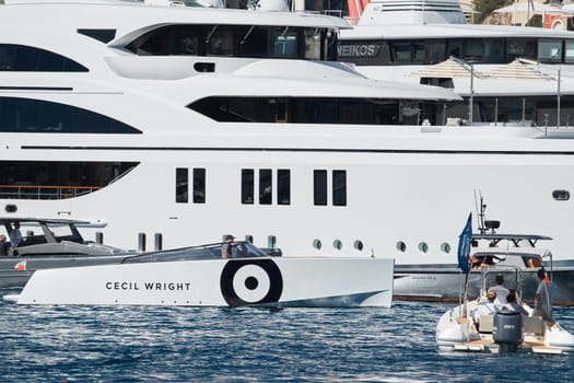 Monaco, Monte Carlo, 27 September 2022 - a lot of luxury yachts at the famous motorboat exhibition in the principality, the most expensive boats for the richest people around the world, yacht brokers. High quality photo