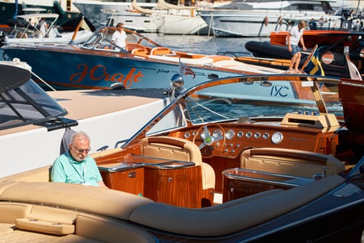 Monaco, Monte Carlo, 27 September 2022 - a lot of luxury yachts at the famous motorboat exhibition in the principality, the most expensive boats for the richest people around the world, yacht brokers. High quality photo