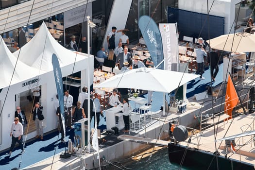 Monaco, Monte Carlo, 27 September 2022 - a lot of luxury yachts at the famous motorboat exhibition in the principality, the most expensive boats for the richest people around the world, yacht brokers. High quality photo