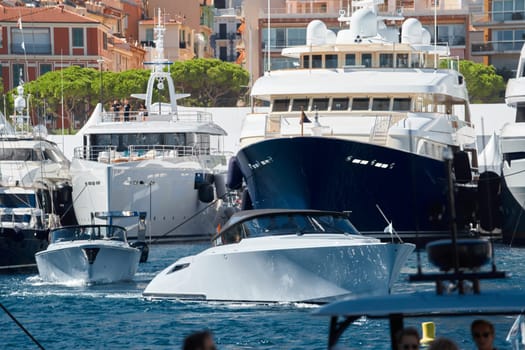 Monaco, Monte Carlo, 27 September 2022 - a lot of luxury yachts at the famous motorboat exhibition in the principality, the most expensive boats for the richest people around the world, yacht brokers. High quality photo