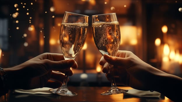 Close-up of a two hands clinking glasses of champagne, against a background of golden glowing New Year's lights on a bokeh-style background.