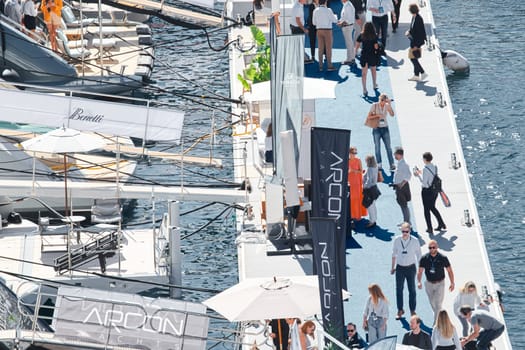 Monaco, Monte Carlo, 27 September 2022 - a lot of luxury yachts at the famous motorboat exhibition in the principality, the most expensive boats for the richest people around the world, yacht brokers. High quality photo