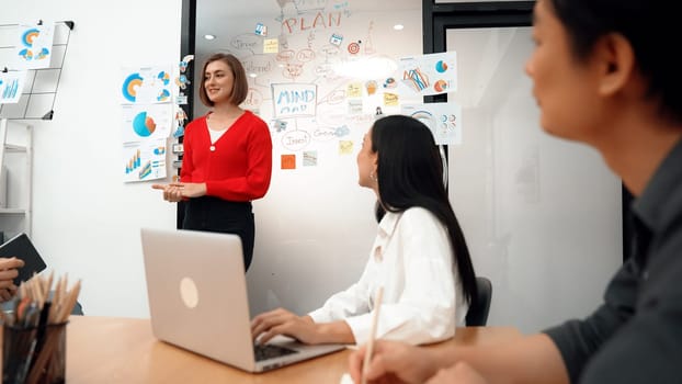 Young beautiful caucasian businesswoman presenting marketing strategy by using mind map, graph while answering questions with confident. Teamwork, brainstorming, discussing concept. Immaculate.