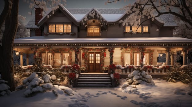 Night view of a snow-covered, beautiful country house decorated for Christmas.