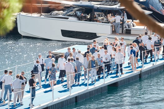 Monaco, Monte Carlo, 27 September 2022 - a lot of luxury yachts at the famous motorboat exhibition in the principality, the most expensive boats for the richest people around the world, yacht brokers. High quality photo