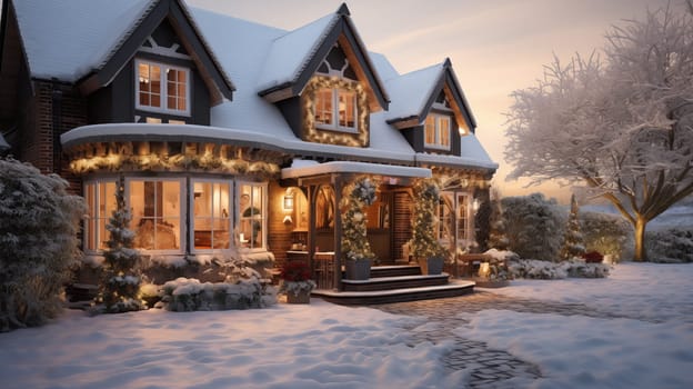 An illustration of a beautiful snow-covered country house decorated for Christmas.