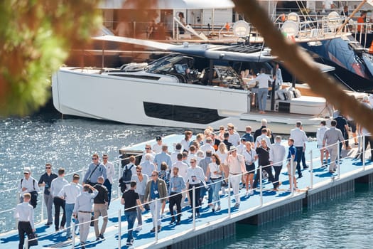 Monaco, Monte Carlo, 27 September 2022 - a lot of luxury yachts at the famous motorboat exhibition in the principality, the most expensive boats for the richest people around the world, yacht brokers. High quality photo