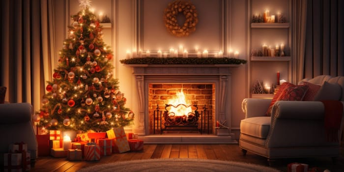 Interior of decorated living room with Christmas tree and comfortable sofa for family comeliness