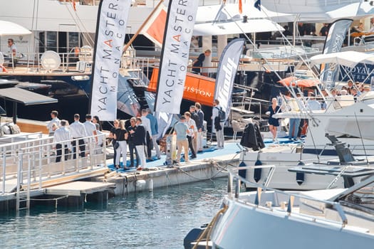 Monaco, Monte Carlo, 27 September 2022 - a lot of luxury yachts at the famous motorboat exhibition in the principality, the most expensive boats for the richest people around the world, yacht brokers. High quality photo