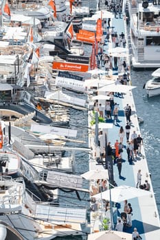 Monaco, Monte Carlo, 27 September 2022 - a lot of luxury yachts at the famous motorboat exhibition in the principality, the most expensive boats for the richest people around the world, yacht brokers. High quality photo