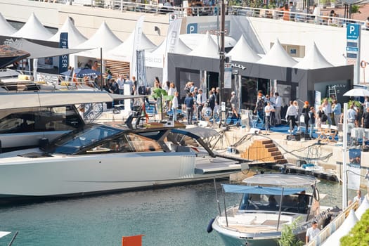 Monaco, Monte Carlo, 27 September 2022 - a lot of luxury yachts at the famous motorboat exhibition in the principality, the most expensive boats for the richest people around the world, yacht brokers. High quality photo