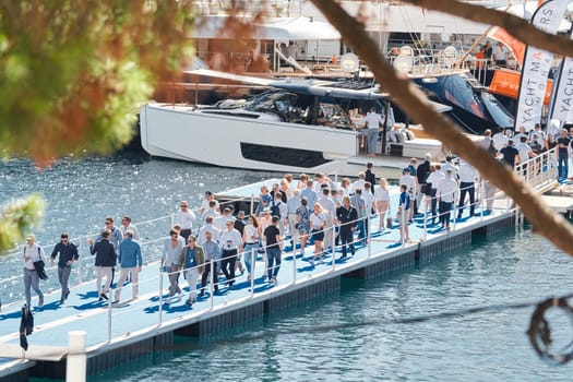 Monaco, Monte Carlo, 27 September 2022 - a lot of luxury yachts at the famous motorboat exhibition in the principality, the most expensive boats for the richest people around the world, yacht brokers. High quality photo