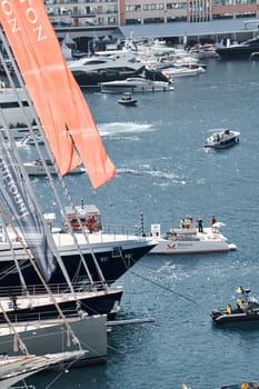 Monaco, Monte Carlo, 27 September 2022 - a lot of luxury yachts at the famous motorboat exhibition in the principality, the most expensive boats for the richest people around the world, yacht brokers. High quality photo