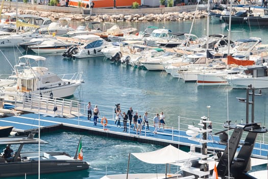 Monaco, Monte Carlo, 27 September 2022 - a lot of luxury yachts at the famous motorboat exhibition in the principality, the most expensive boats for the richest people around the world, yacht brokers. High quality photo