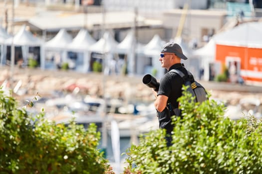 Monaco, Monte-Carlo, 28 September 2022: the photographer blogger makes a report from the event of the largest fair exhibition in the world yacht show MYS, port Hercules, a lot of new mega yachts. High quality photo