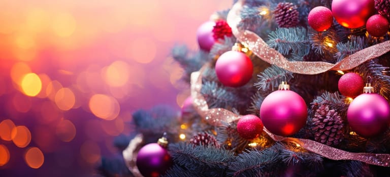 Christmas tree with sparkling balls on blurred background with bokeh