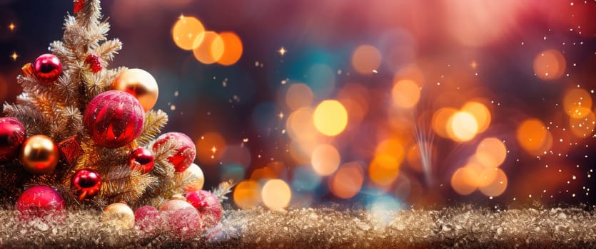 Shimmering Christmas balls on Christmas tree on blurred background