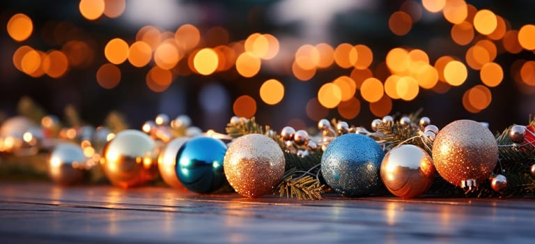 Christmas balls and blurred bokeh create an atmosphere of New Year's magic and dreams.