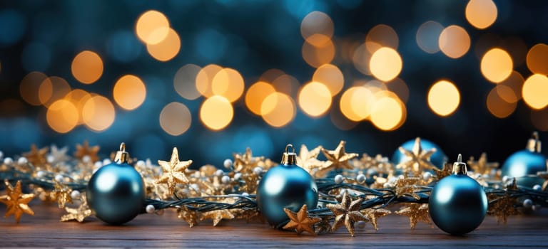 Magical atmosphere with Christmas balls on blurred background