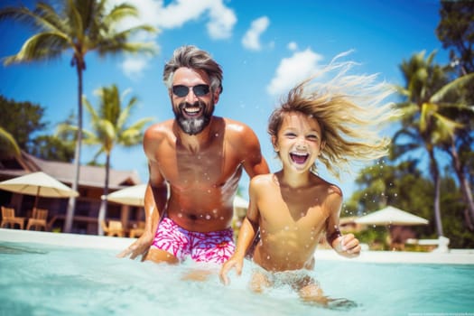 Father and child happily splashing in the sea on vacation.