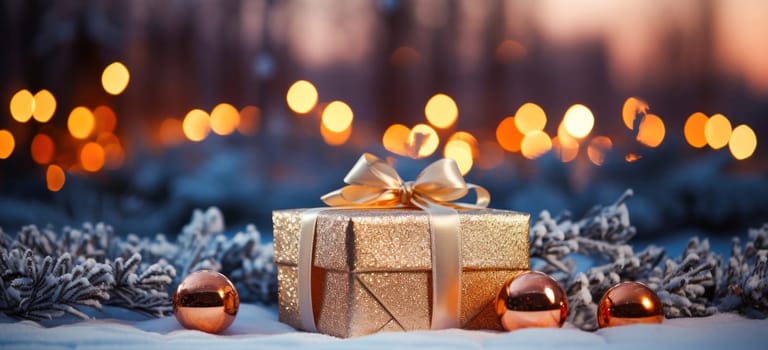 Festive box and glossy Christmas balls on christmas background