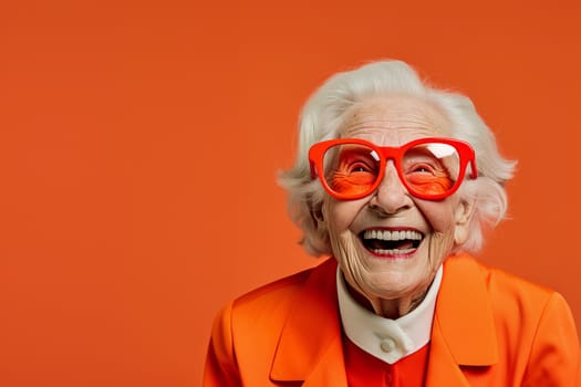 Funny image of an elderly woman with big glasses - orange background - generative AI