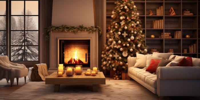 Interior of decorated living room with Christmas tree and comfortable sofa for family comeliness