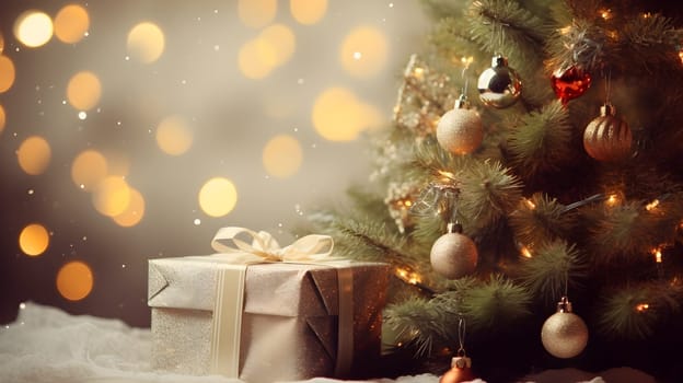 A sparkling tree stands tall, adorned with twinkling lights and shimmering ornaments, creating a warm and festive atmosphere indoors as presents await to be unwrapped on christmas morning - generative AI