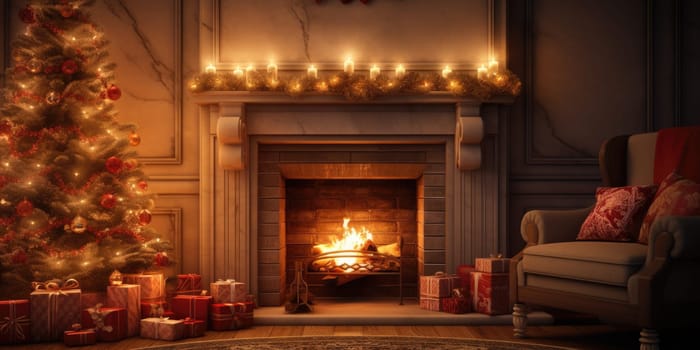 Interior of decorated living room with Christmas tree and comfortable sofa for family comeliness