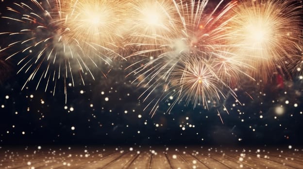 Wooden table or floor empty for product placement with new year firework in background comeliness