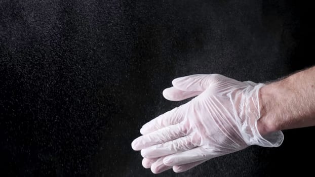 Chef Hands Clapping With Flour In Slow Motion on black background. Frame. Chef Claps Hands Together With Flour, Super Slow Motion.