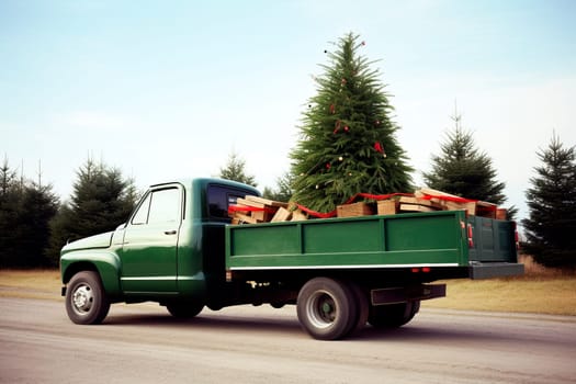 pickup truck with Christmas tree