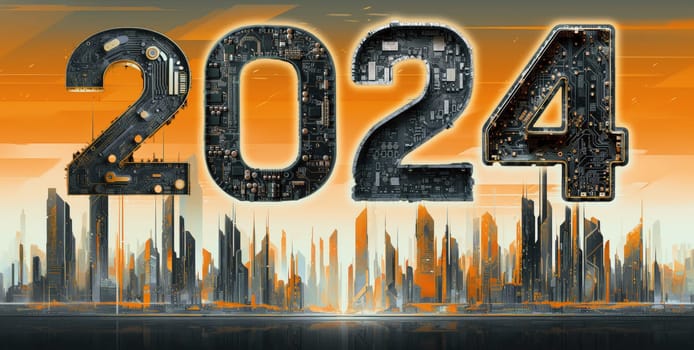 2024 new year, digital technology concept, above futuristic city skyline computer and artificial intelligence, AI for 2024 taintless lifestyle