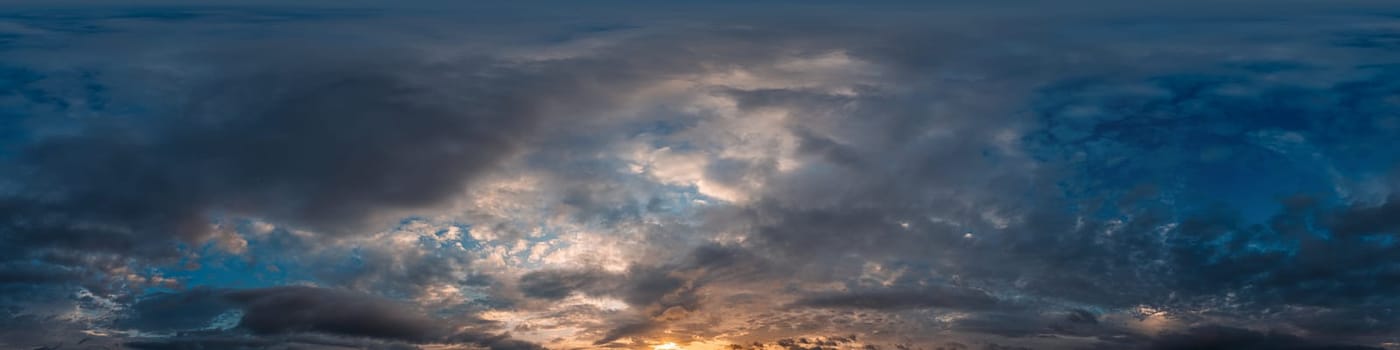 Bright sunset sky panorama with Cirrus clouds. Seamless hdr spherical equirectangular 360 panorama. Sky dome or zenith for 3D visualization, game and sky replacement for aerial drone 360 panoramas.