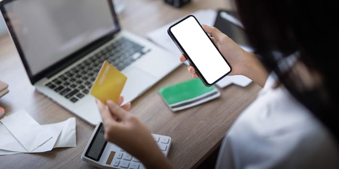 Credit card or smartphone mockup for online payment, investment or savings insurance mock up. finance or woman on smartphone blank screen.